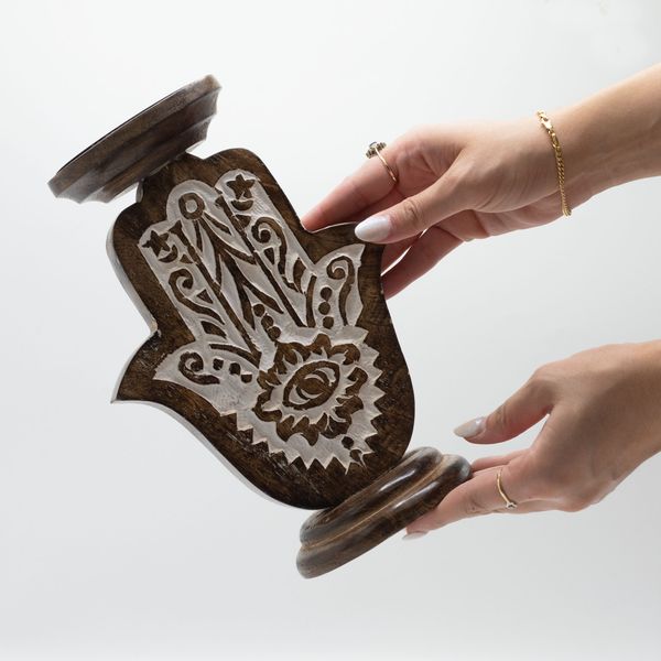 Mango Houten Kandelaar - Hamsa - Groot 25x18cm