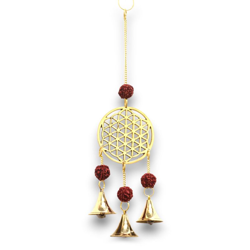 Indianen Windgong - Koperen Bloem des Levens met Rudraksha Kralen - 3 Klokjes - 6x27cm