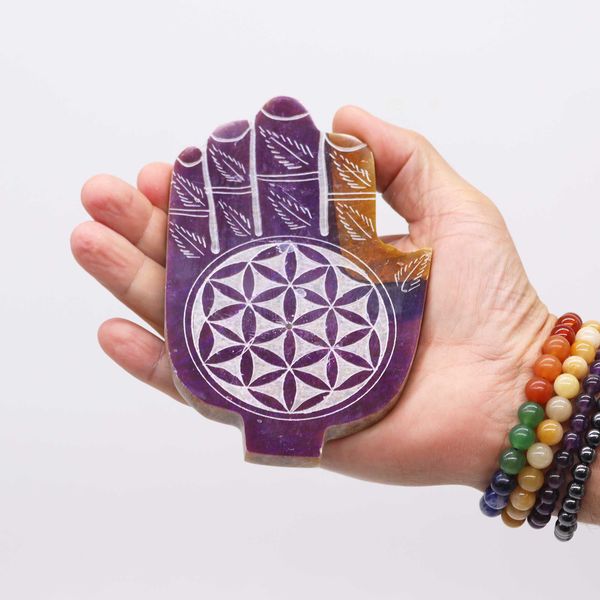 Speksteen Med Hamsa Wierookhouder 13x9cm - Bloem des Levens