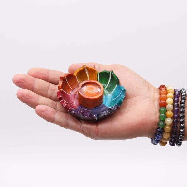Speksteen Kleine Lotus Bloem Wierookhouder 7.5x2.5cm - Chakra Kleuren