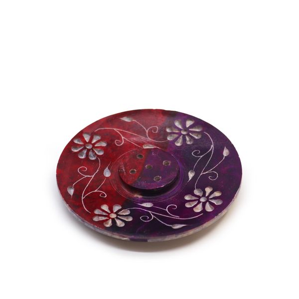 Speksteen Schijf Wierookhouder 8cm - Bloemmotief (5 stokjeshouder)