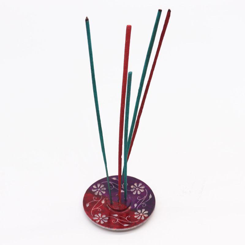 Speksteen Schijf Wierookhouder 8cm - Bloemmotief (5 stokjeshouder)