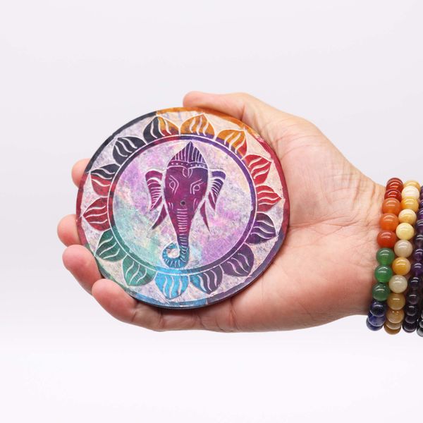 Speksteen Schijf Wierookhouder 10cm - Ganesha