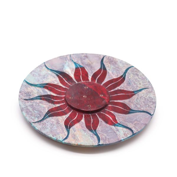 Speksteen Schijf Wierookhouder 10cm - Zonnebloem (5 stokjeshouder)