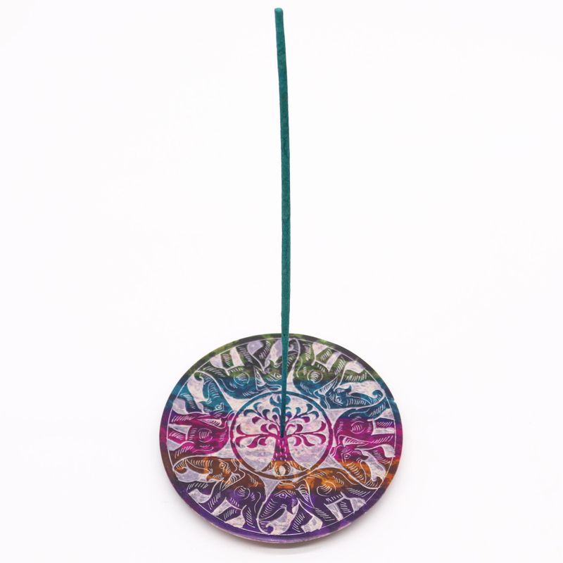 Speksteen Schijf Wierookhouder 12cm - 6 Gelukkige Olifanten