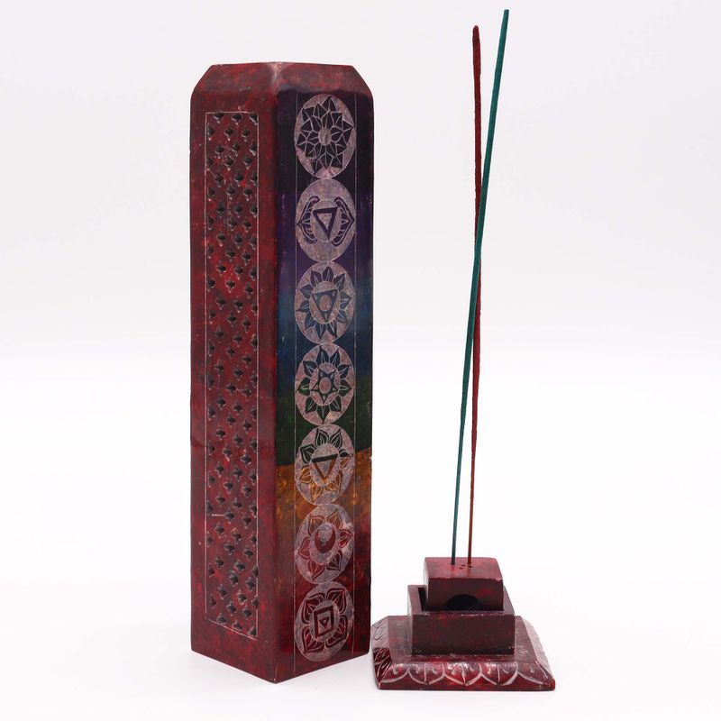 Speksteen Vierkante Toren Wierookhouder 25cm - 7 Chakra's