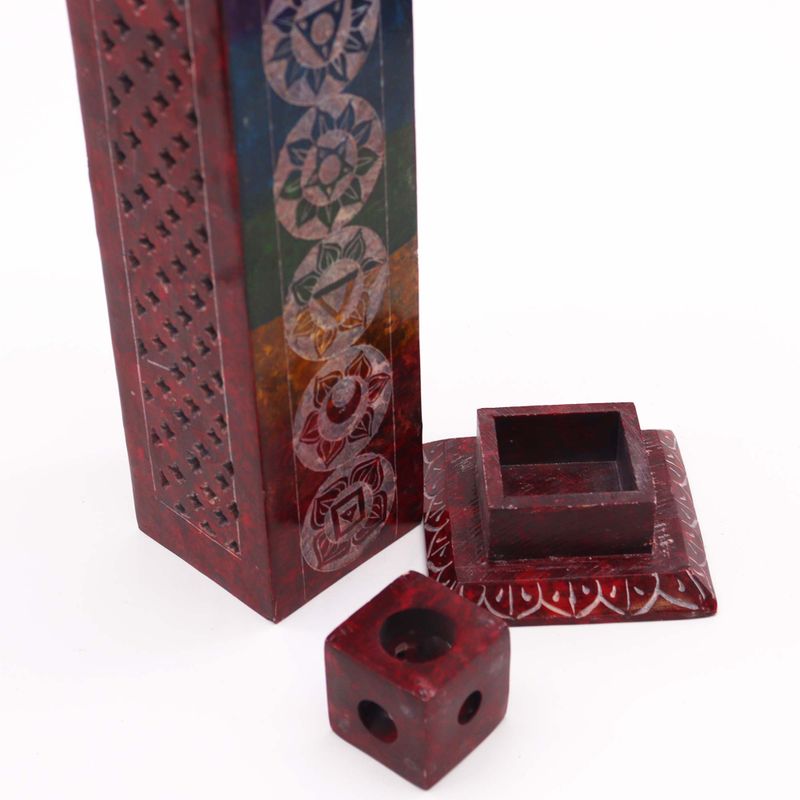 Speksteen Vierkante Toren Wierookhouder 25cm - 7 Chakra's