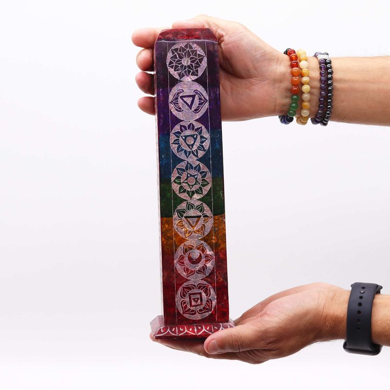 Speksteen Vierkante Toren Wierookhouder 25cm - 7 Chakra's