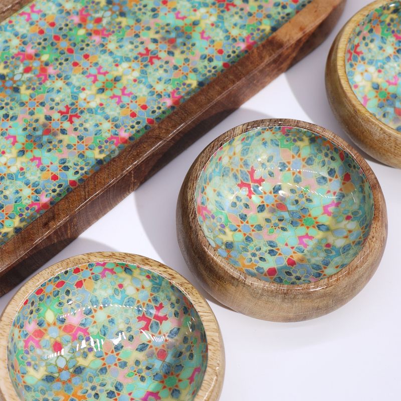Mango Houten Dienblad met 3 Kommetjes - Mediterraan Tegelpatroon
