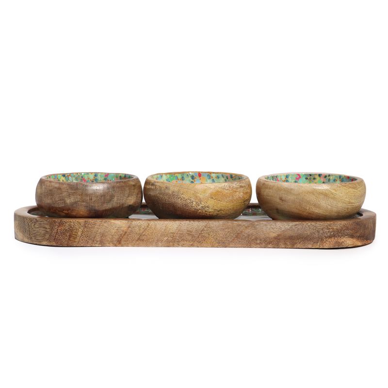 Mango Houten Dienblad met 3 Kommetjes - Mediterraan Tegelpatroon