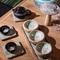 Mango Houten Dienblad met 3 Kommetjes - Blauwe Strepen