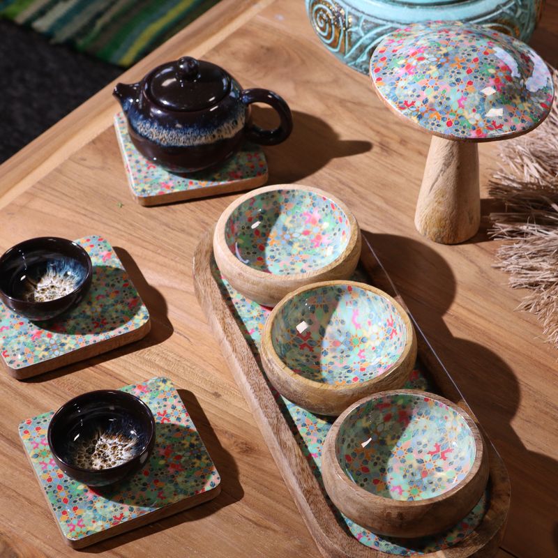 Mango Houten Dienblad met 3 Kommetjes - Mediterraan Tegelpatroon