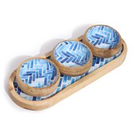 Mango Houten Dienblad met 3 Kommetjes - Blauwe Strepen