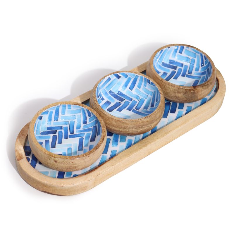 Mango Houten Dienblad met 3 Kommetjes - Blauwe Strepen