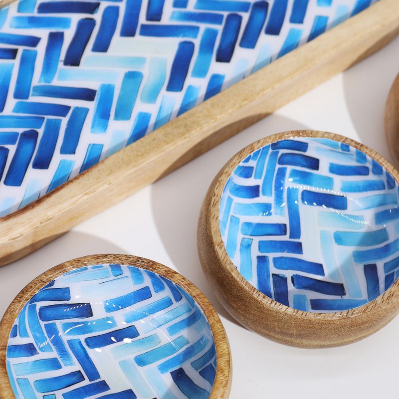 Mango Houten Dienblad met 3 Kommetjes - Blauwe Strepen