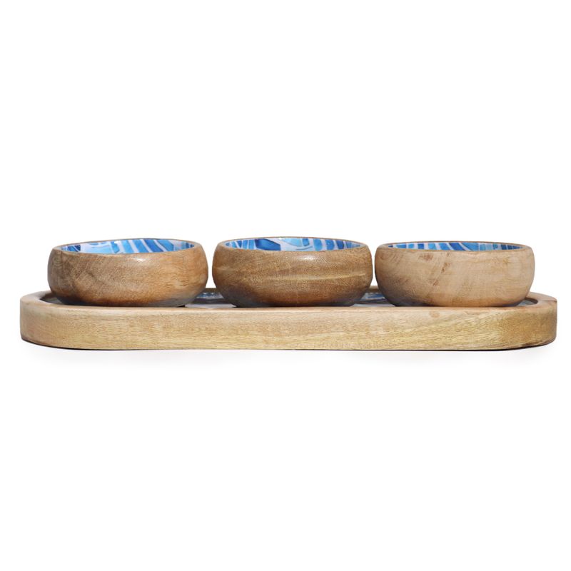 Mango Houten Dienblad met 3 Kommetjes - Blauwe Strepen