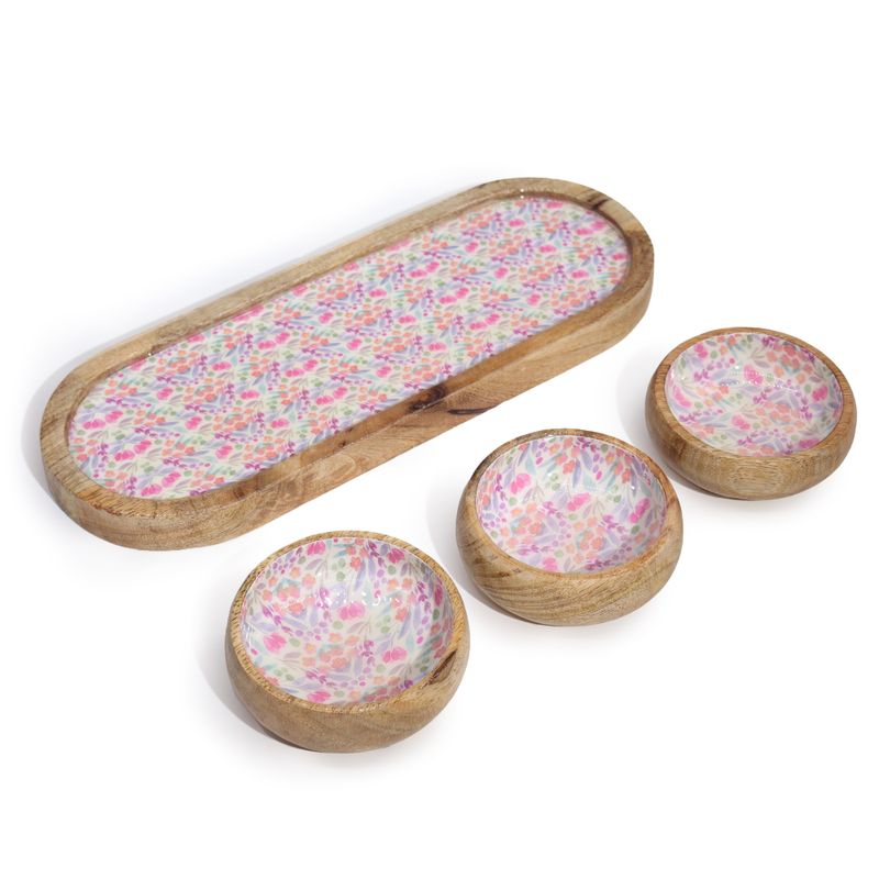 Mango Houten Dienblad met 3 Kommetjes - Mooi Bloemenpatroon