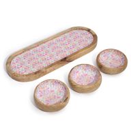 Mango Houten Dienblad met 3 Kommetjes - Mooi Bloemenpatroon