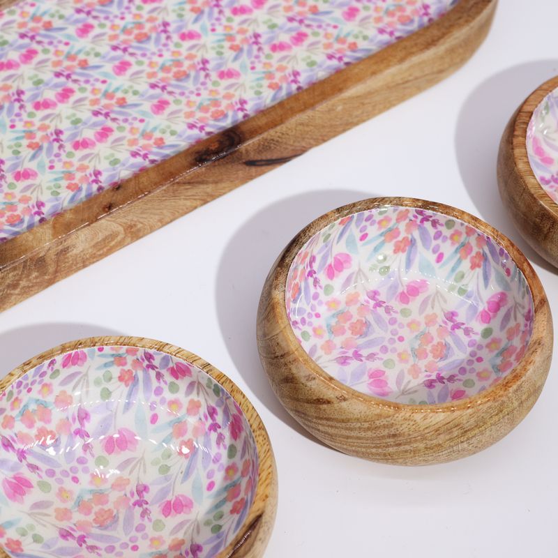 Mango Houten Dienblad met 3 Kommetjes - Mooi Bloemenpatroon
