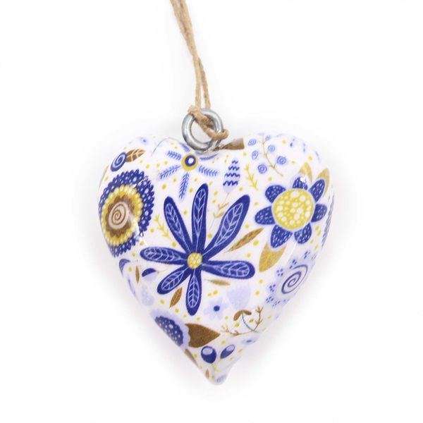 Grote Decor Houten Harten - Blauw Bloemenpatroon