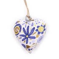 Grote Decor Houten Harten - Blauw Bloemenpatroon