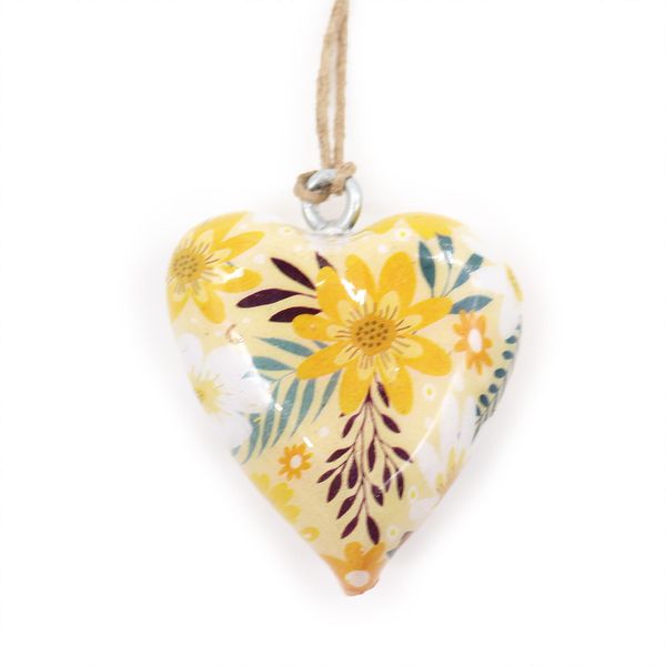Grote Decor Houten Harten - Geel Bloemenpatroon