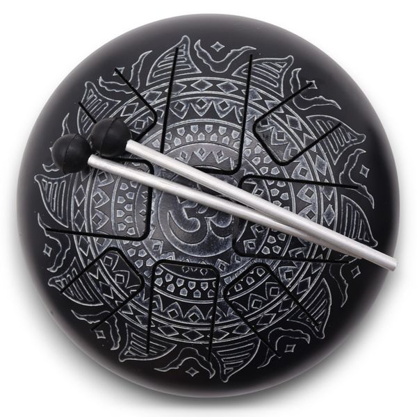 Medium Stalen Tong Geluksdrumss  Om Mandala Gegraveerd - 22x15cm