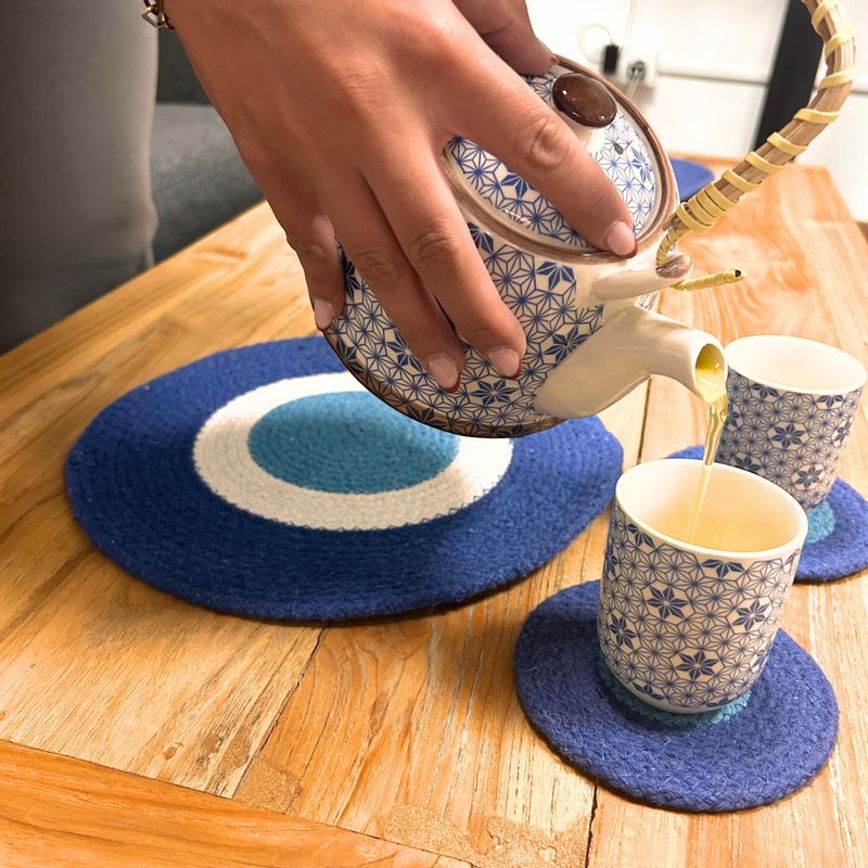 Set van Evil Eye Jute Touw Onderzetters & Matten (4 van elk)