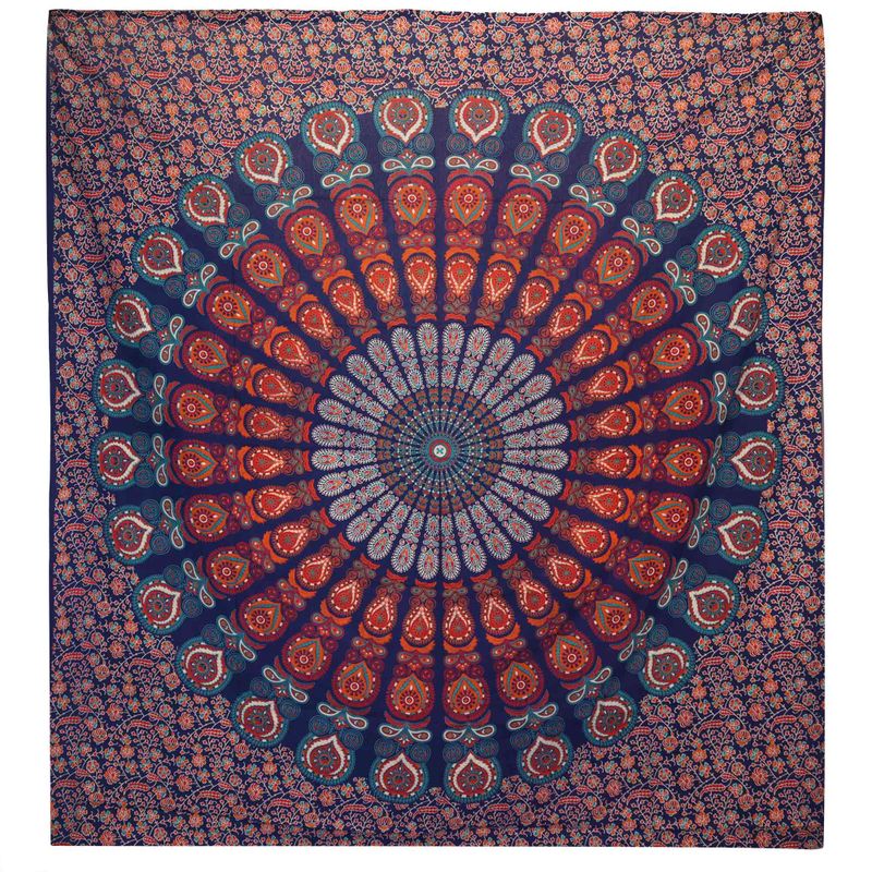Dubbele Katoenen Sprei + Wandkleed - Pauwen Mandala - Blauw