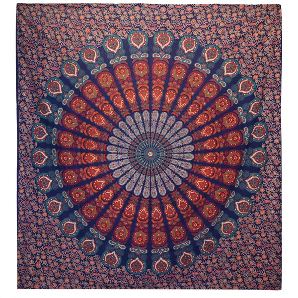 Dubbele Katoenen Sprei + Wandkleed - Pauwen Mandala - Blauw