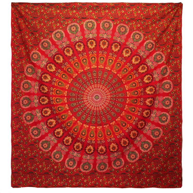 Dubbele Katoenen Sprei + Wandkleed - Pauwen Mandala - Rood