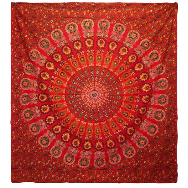 Dubbele Katoenen Sprei + Wandkleed - Pauwen Mandala - Rood