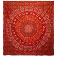 Dubbele Katoenen Sprei + Wandkleed - Pauwen Mandala - Rood