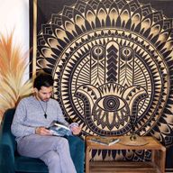 Dubbele Katoenen Sprei + Wandkleed - Hamsa - Zwart Goud