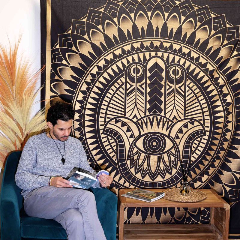 Dubbele Katoenen Sprei + Wandkleed - Hamsa - Zwart Goud