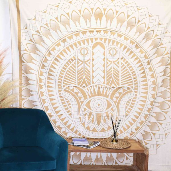 Dubbele Katoenen Sprei + Wandkleed - Hamsa - Wit Goud