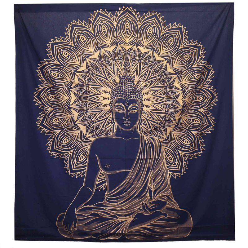 Dubbele Katoenen Sprei + Wandkleed - Boeddha - Blauw Goud