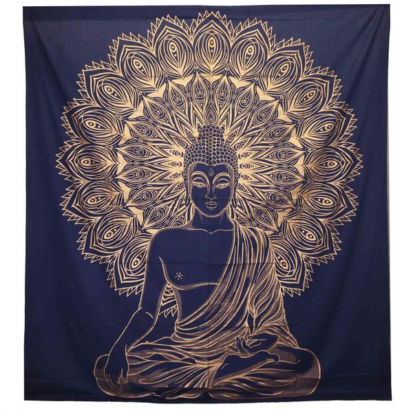 Dubbele Katoenen Sprei + Wandkleed - Boeddha - Blauw Goud