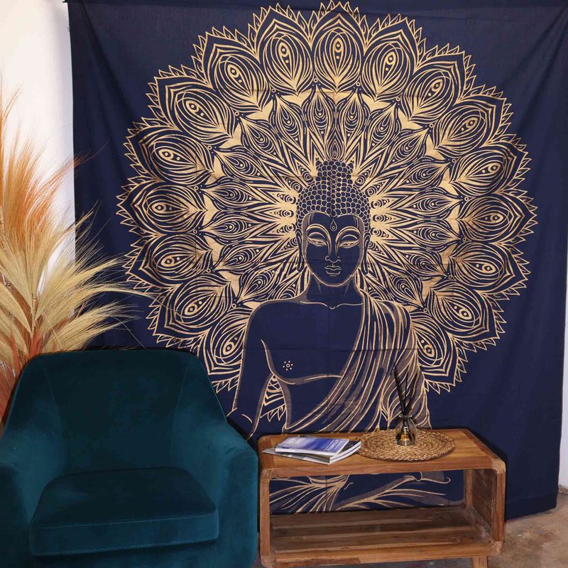 Dubbele Katoenen Sprei + Wandkleed - Boeddha - Blauw Goud