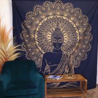 Dubbele Katoenen Sprei + Wandkleed - Boeddha - Blauw Goud