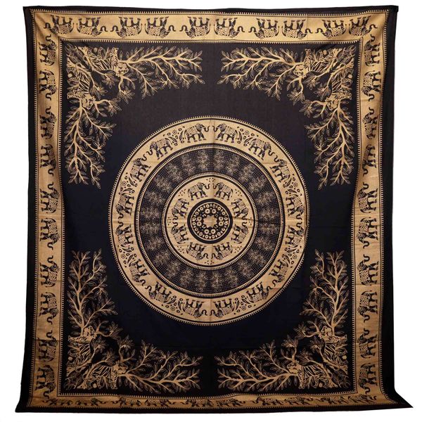 Dubbele Katoenen Sprei + Wandkleed - Olifanten Jungle - Zwart Goud