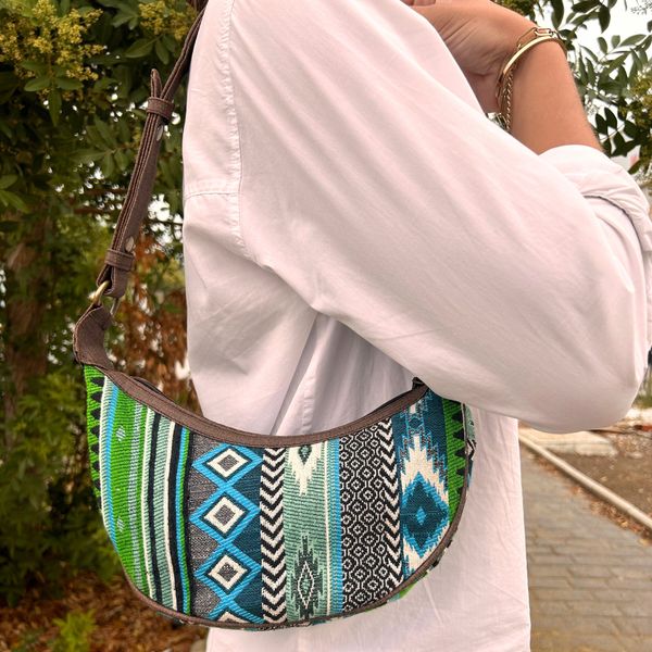 Jacquard Hobo Tas - Gedurfde Groentinten (bruine riem)
