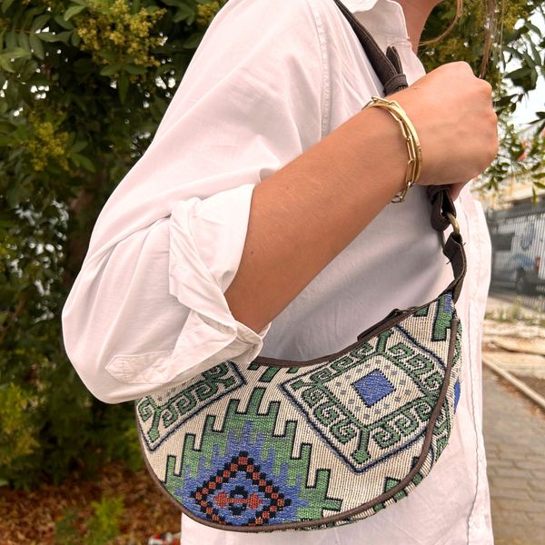 Jacquard Hobo Tas - Geo-Groen (bruine riem)