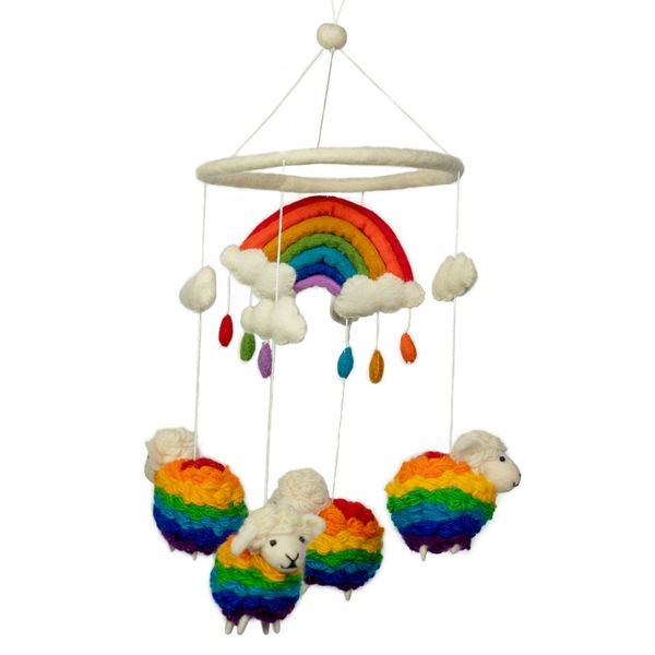 Handgemaakte Vilten Mobile - Regenboog Schapen