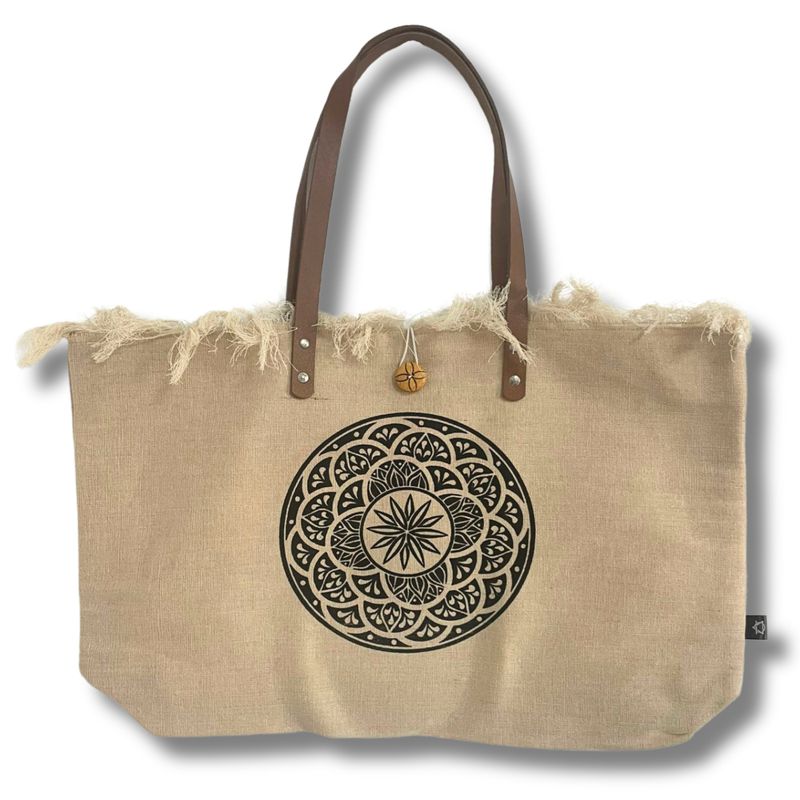 Natuurlijke Tote Bag met Leren Handvat - Mandala