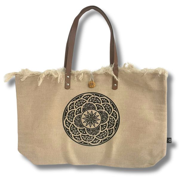 Natuurlijke Tote Bag met Leren Handvat - Mandala