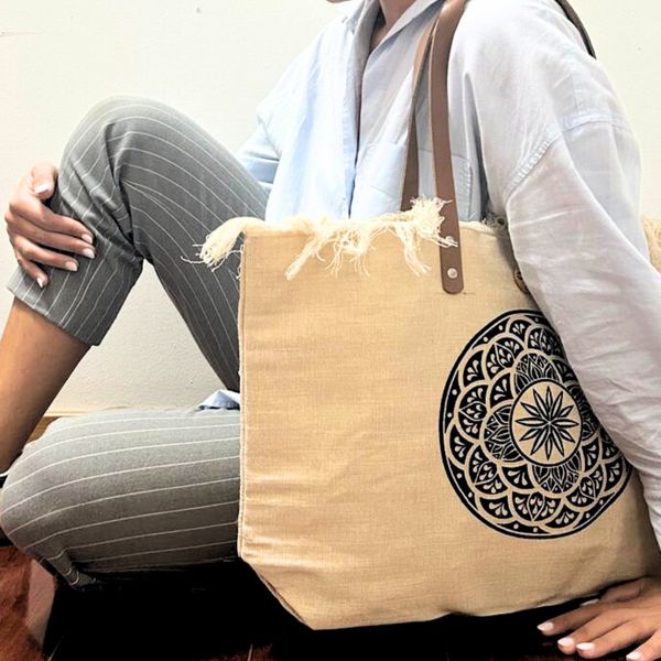 Natuurlijke Tote Bag met Leren Handvat - Mandala