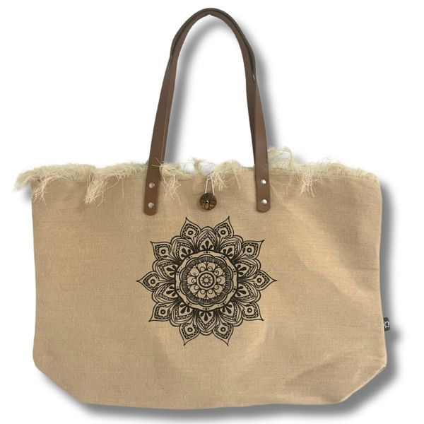Natuurlijke Tote Bag met Leren Handvat - Flower of Life