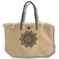 Natuurlijke Tote Bag met Leren Handvat - Flower of Life