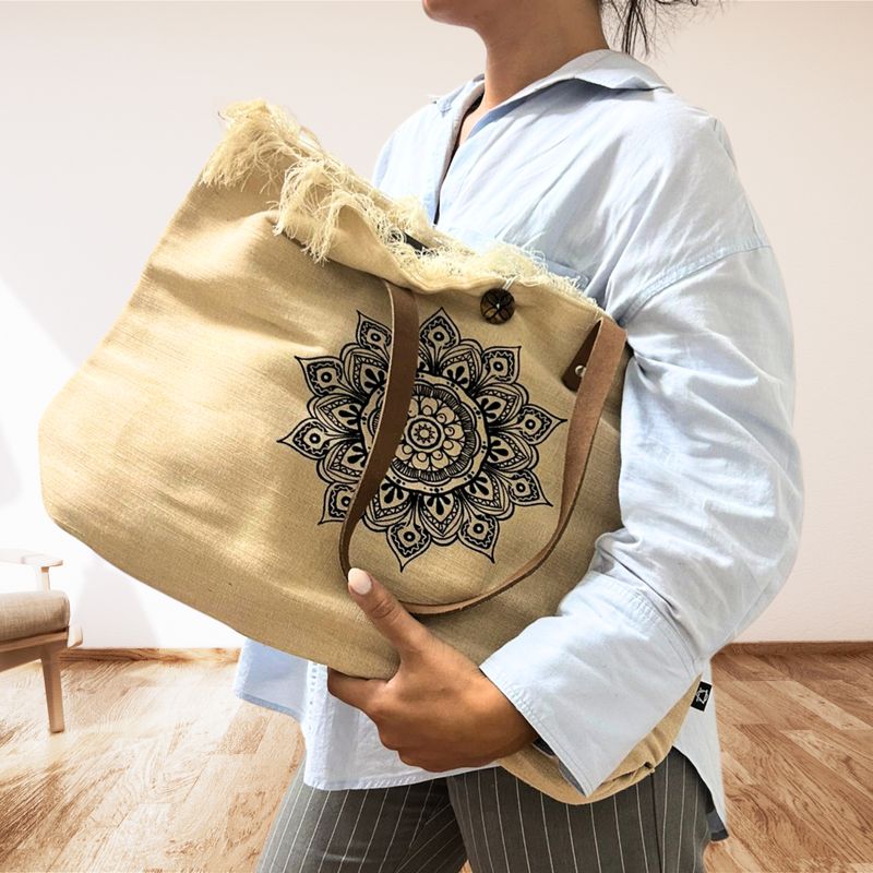 Natuurlijke Tote Bag met Leren Handvat - Flower of Life